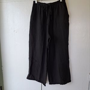 La. Fixsun Black Wide Leg Ruffled Cropped Linen Pull-on Pants SZ M